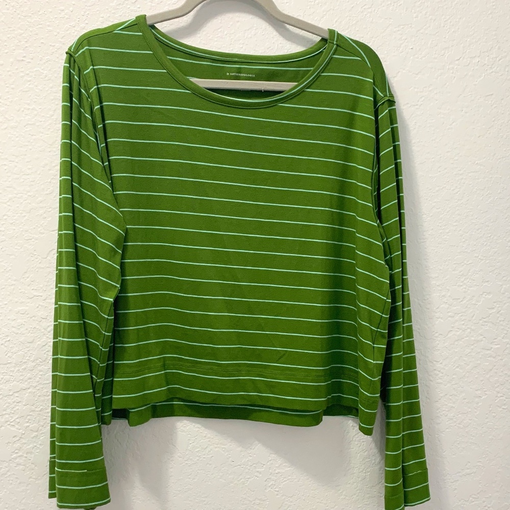 Anthropologie green & white striped comfy top soft  size Large